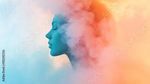 Silhouette in swirling colorful mist, serene ambiance