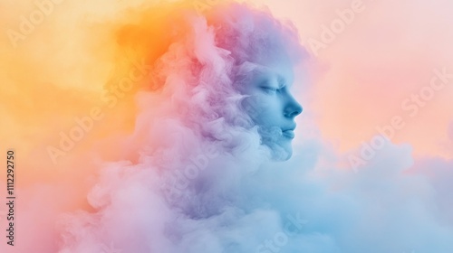 Profile within colorful mist of pink, orange, and blue