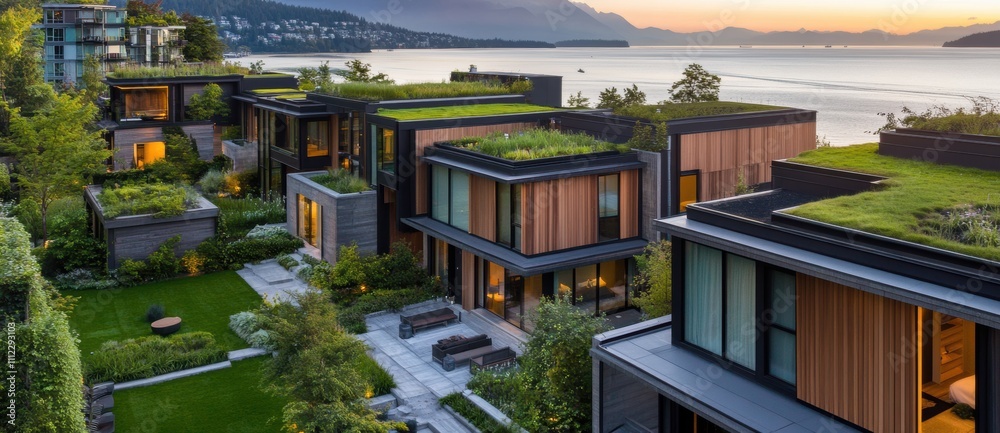 Stunning Modern Architecture with Green Rooftops Overlooking Serene Water and Scenic Mountainside in a Peaceful Residential Community at Sunset Stunning Modern Architecture with Green Rooftops Overlooking Serene Water and Scenic Mountainside in a Peaceful Residential Community at Sunset