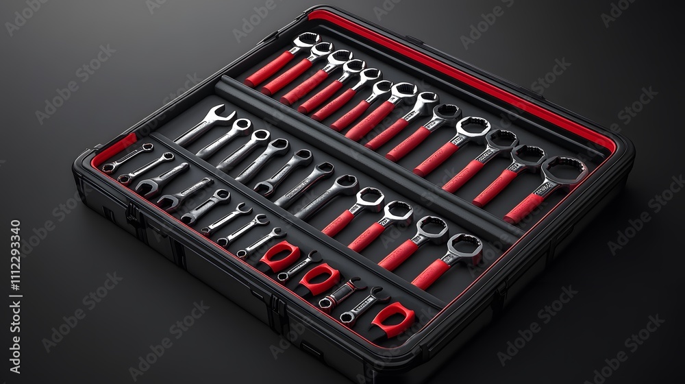 A professional toolbox with wrenches in black and red showcases industrial design with hard plastic case and organized storage for metallic tools and equipment. A professional toolbox with wrenches in black and red showcases industrial design with hard plastic case and organized storage for metallic tools and equipment.