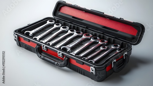 A professional toolbox with wrenches in black and red showcases industrial design with hard plastic case and organized storage for metallic tools and equipment. photo