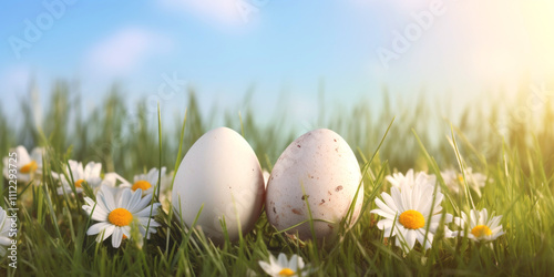 Easter background with eggs, bunnies and flowers Generative AI