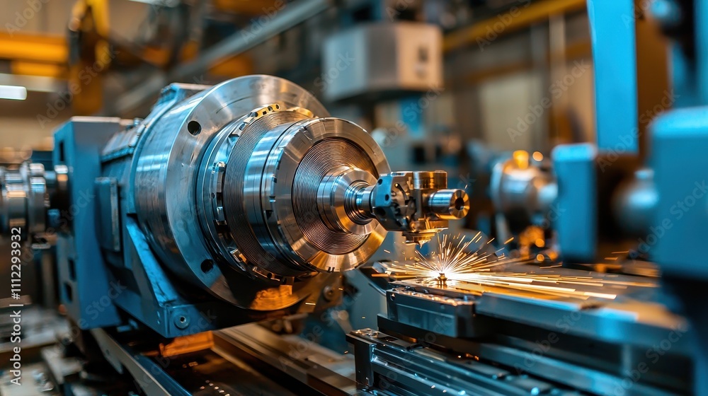 Fototapeta premium Precision metalworking machine with sparks during fabrication process for engineering