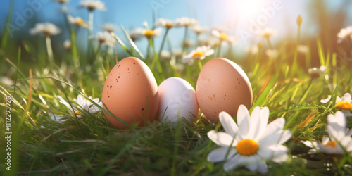 Easter background with eggs, bunnies and flowers Generative AI