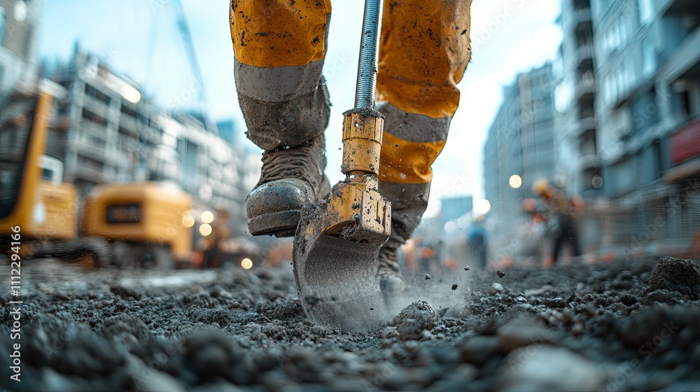 Construction Worker Using A Power Shovel During Roadwork