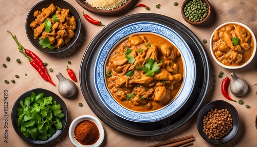 Chicken namkeen karahi korma masala served in dish isolated on background top view of indian spices and pakistani food
