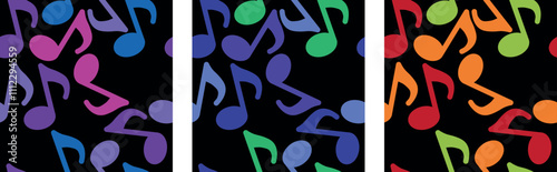 Musical notes. Seamless pattern with neon colors. Vector illustration on the theme of music. Illustration of musical sound, bass treble adjustment. Music banner.