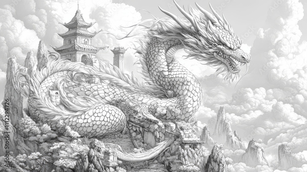 dragon coiled coloring book, Ancient Dragon Coiling Around a Mystical Castle dragon coiled coloring book, Ancient Dragon Coiling Around a Mystical Castle