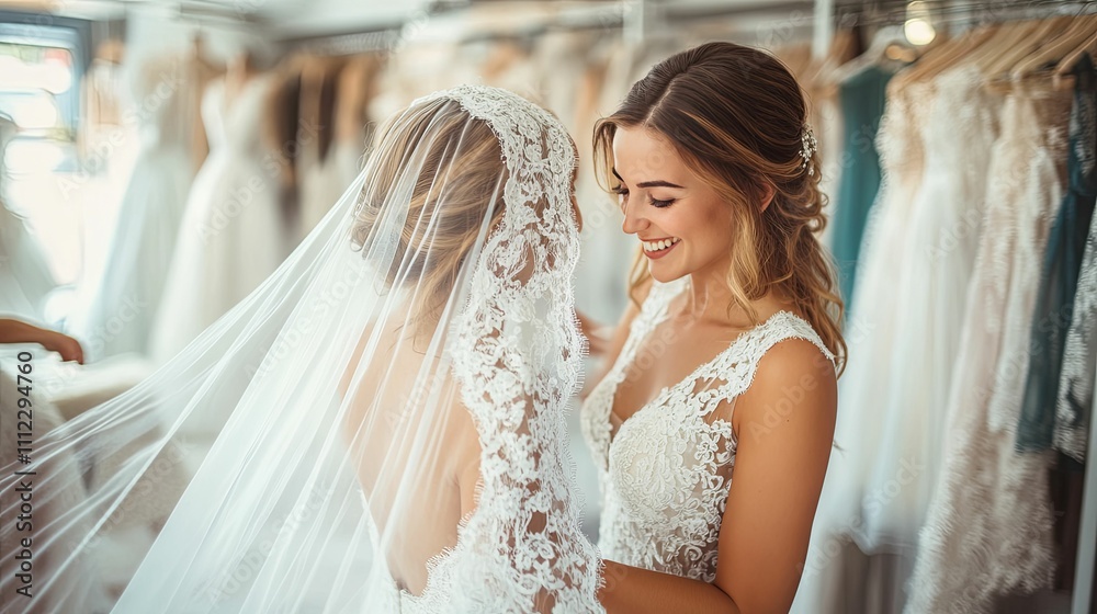 Bride and bridesmaid admiring wedding dress and veil Bride and bridesmaid admiring wedding dress and veil