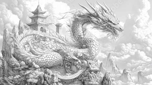 dragon coiled coloring book, Ancient Dragon Coiling Around a Mystical Castle