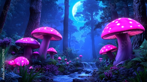 A magical forest scene featuring luminescent mushrooms and a tranquil stream beneath a moonlit sky. photo