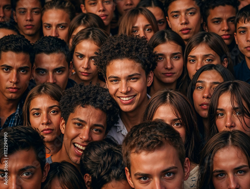 A Group of Serious Teens with Two Laughing in the Center