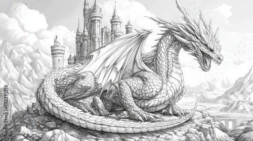 dragon coiled coloring book, Majestic Dragon Coiled Around Ancient Castle
