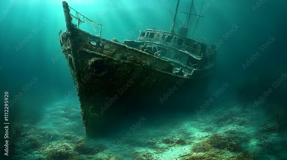 Sunken Shipwreck: Exploring Ocean's Depths, Unveiling Secrets of the Past, Algae-Covered Vessel, Underwater Exploration Sunken Shipwreck: Exploring Ocean's Depths, Unveiling Secrets of the Past, Algae-Covered Vessel, Underwater Exploration