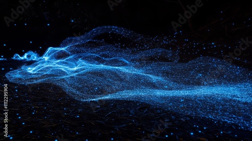 Glowing blue particles flowing in the dark.