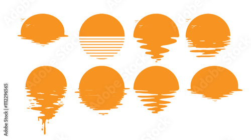 Set of abstract orange sun designs with wavy reflections, perfect for creative projects, logos, or backgrounds