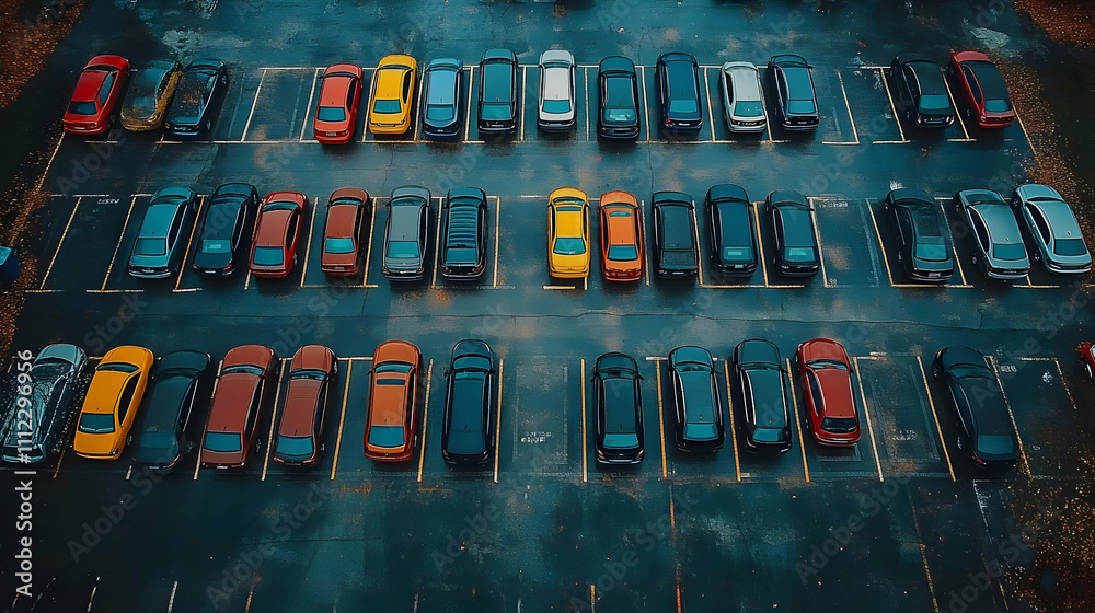 Aerial View of Colorful Cars Parked in Rows, Neat Arrangement in Parking Lot Aerial View of Colorful Cars Parked in Rows, Neat Arrangement in Parking Lot