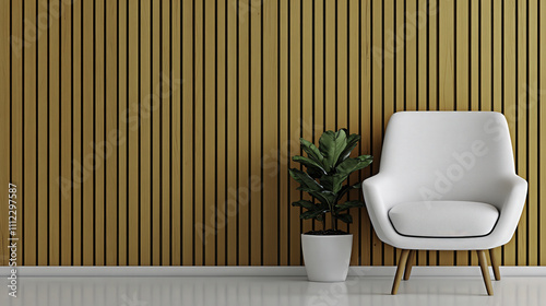 Modern chair and plant against wooden slat wall in stylish room