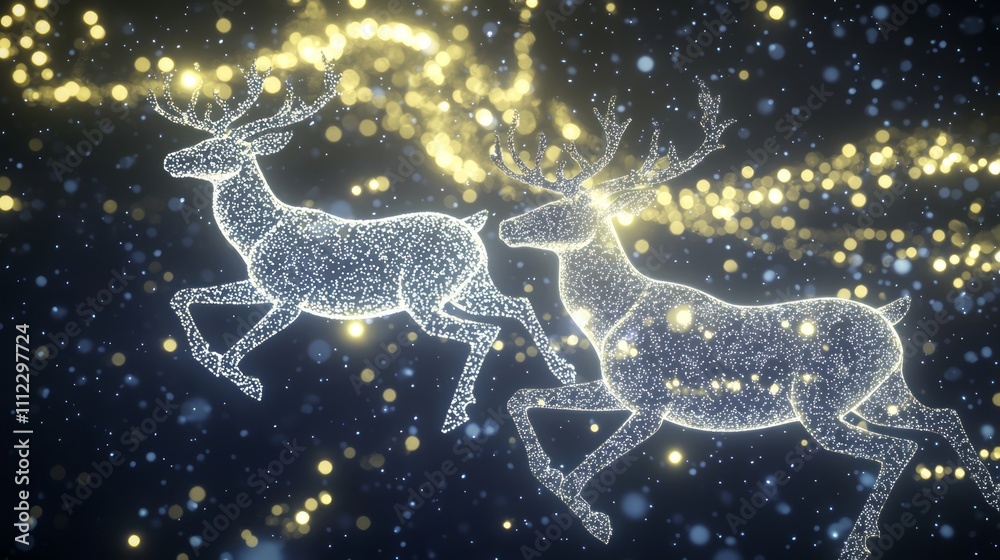 Enchanting Holiday Magic: 3D Render of Ethereal Reindeer Silhouettes with Snowflakes and Light Trails on Isolated Dark Background Enchanting Holiday Magic: 3D Render of Ethereal Reindeer Silhouettes with Snowflakes and Light Trails on Isolated Dark Background