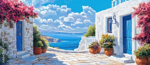 Serene Coastal Pathway with Vibrant Flowers and Blue Doors Overlooking a Stunning Mediterranean Seascape under a Partly Cloudy Sky