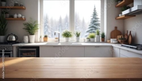 White wooden table on background of blurred kitchen in winter. Image for food blogger, ad campaign, post, banner or billboard. Bg cooking. Cooking in a modern stylish kitchen. Wooden countertop