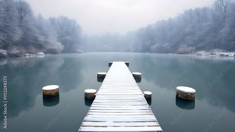 Naklejka premium A snowy bridge over a lake with a foggy sky in the background