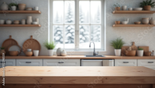 White wooden table on background of blurred kitchen in winter. Image for food blogger, ad campaign, post, banner or billboard. Bg cooking. Cooking in a modern stylish kitchen. Wooden countertop