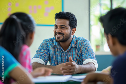 Engaging teacher interacts with students in classroom photo