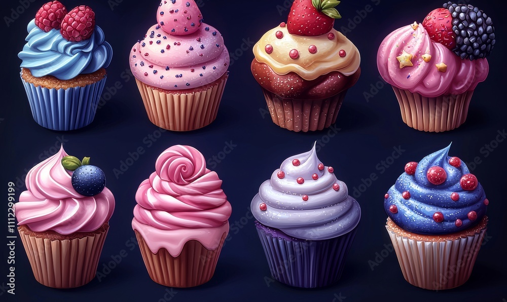 A single group of dessert planets consisting of ice cream and chocolate balls, cherries on a biscuit cake, pink jelly rolls, and enchanted confectionery planets. A single group of dessert planets consisting of ice cream and chocolate balls, cherries on a biscuit cake, pink jelly rolls, and enchanted confectionery planets.