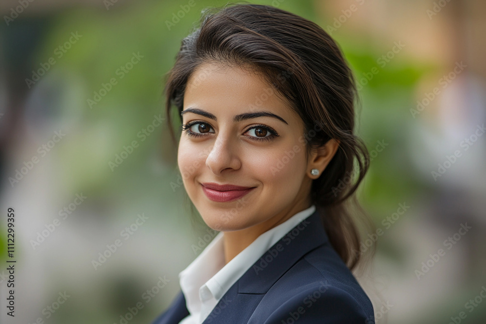 Professional woman smiling outdoors in business attire Professional woman smiling outdoors in business attire