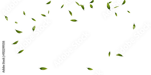 Green leaves fly with a gust of wind on white  background.AI GENERATED