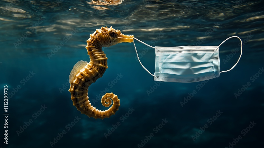 A seahorse clinging to a floating plastic mask in the vast ocean. The image highlights the contrast between the beauty of the seahorse and the pollution represented by the plastic mask. A seahorse clinging to a floating plastic mask in the vast ocean. The image highlights the contrast between the beauty of the seahorse and the pollution represented by the plastic mask.