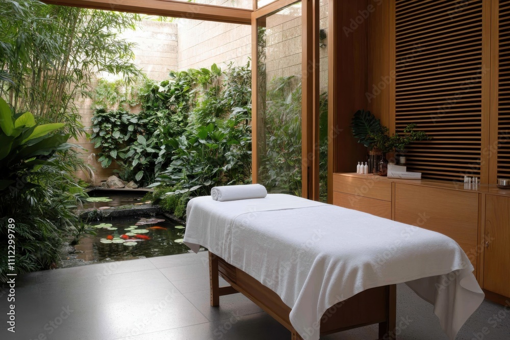 Fototapeta premium This tranquil spa room offers a soothing atmosphere with a massage table set against a backdrop of vibrant greenery and a peaceful water feature.
