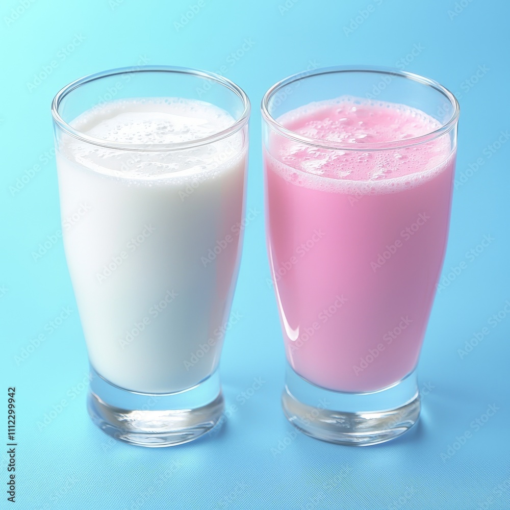 A blue surface displays two glasses of milk, accompanied by spilled milk. A blue surface displays two glasses of milk, accompanied by spilled milk.
