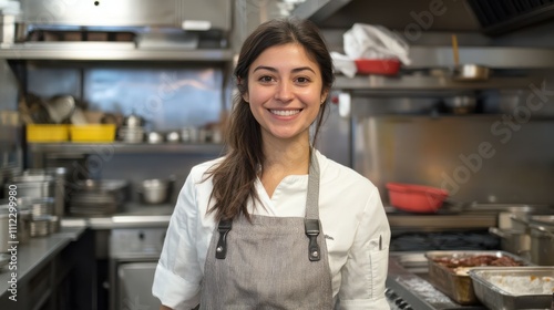 Smiling female chef standing in commercial kitchen at restaurant