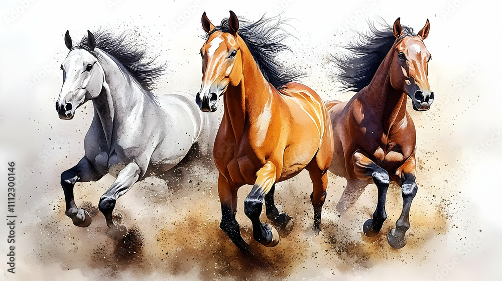 Obraz premium Three Horses Gallop Across Dusty Plain, Majestic Run