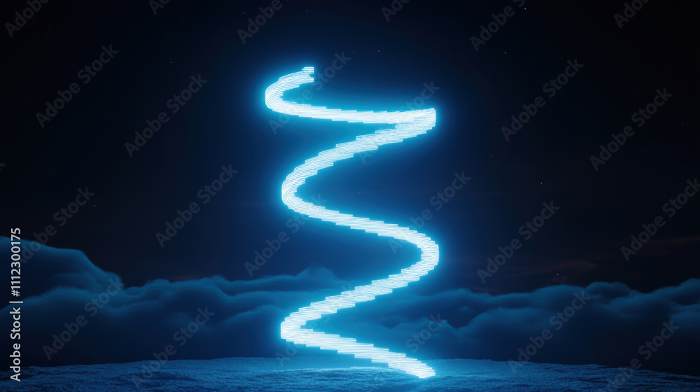 Obraz premium Abstract glowing spiral pattern in a night sky over clouds, illuminating darkness with vibrant blue light, creating a surreal atmospheric effect