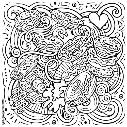 Donuts vector doodles illustration. Sweets poster design. Doughnut elements and objects cartoon background