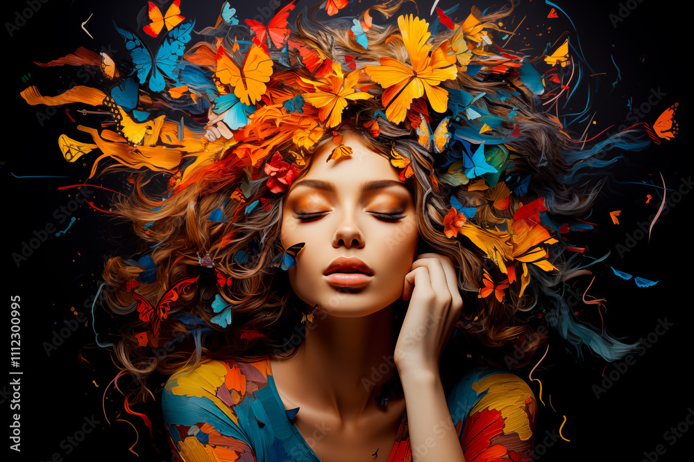 Fototapeta premium Calm woman surrounded by many colorful butterflies on her head, concept of nature, peace, fantasy and creativity. Illustration