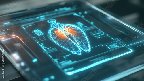 Digital holographic representation of human lungs showcasing respiratory function and health metrics in a high-tech setting. Generative AI