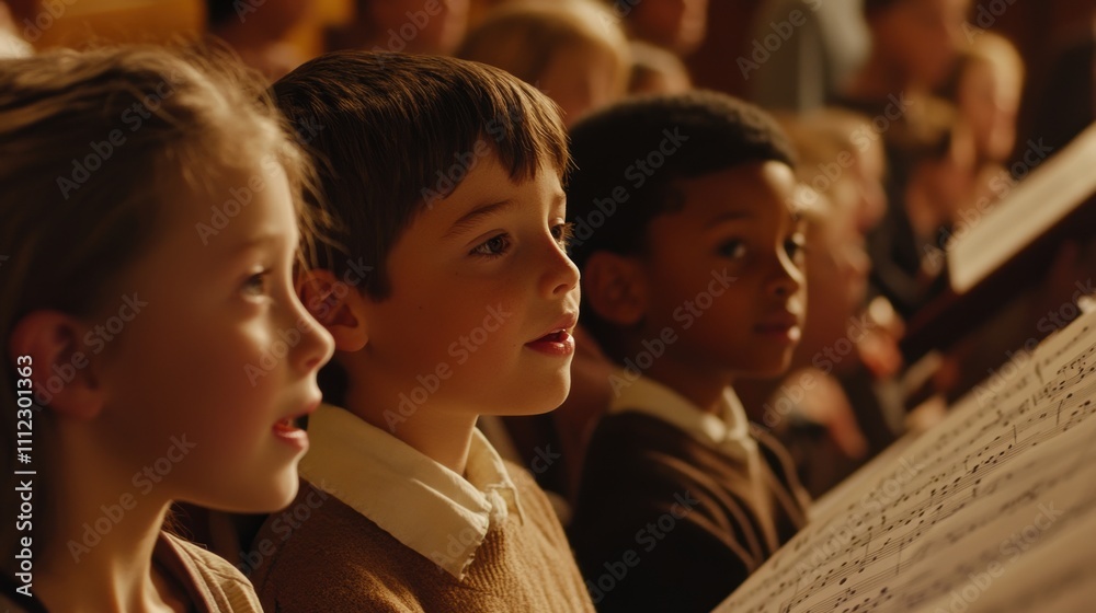 Fototapeta premium Children Engaged in Choir Performance, Sing Together in Harmony, Expressing Joy and Unity, Capturing the Essence of Childhood and Musical Education in a Warm Environment