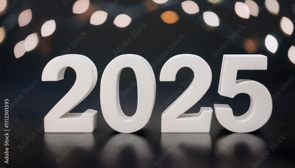 Banner with white number 2025 on blurred dark backdrop with bokeh. New Year and Christmas Banner with white number 2025 on blurred dark backdrop with bokeh. New Year and Christmas