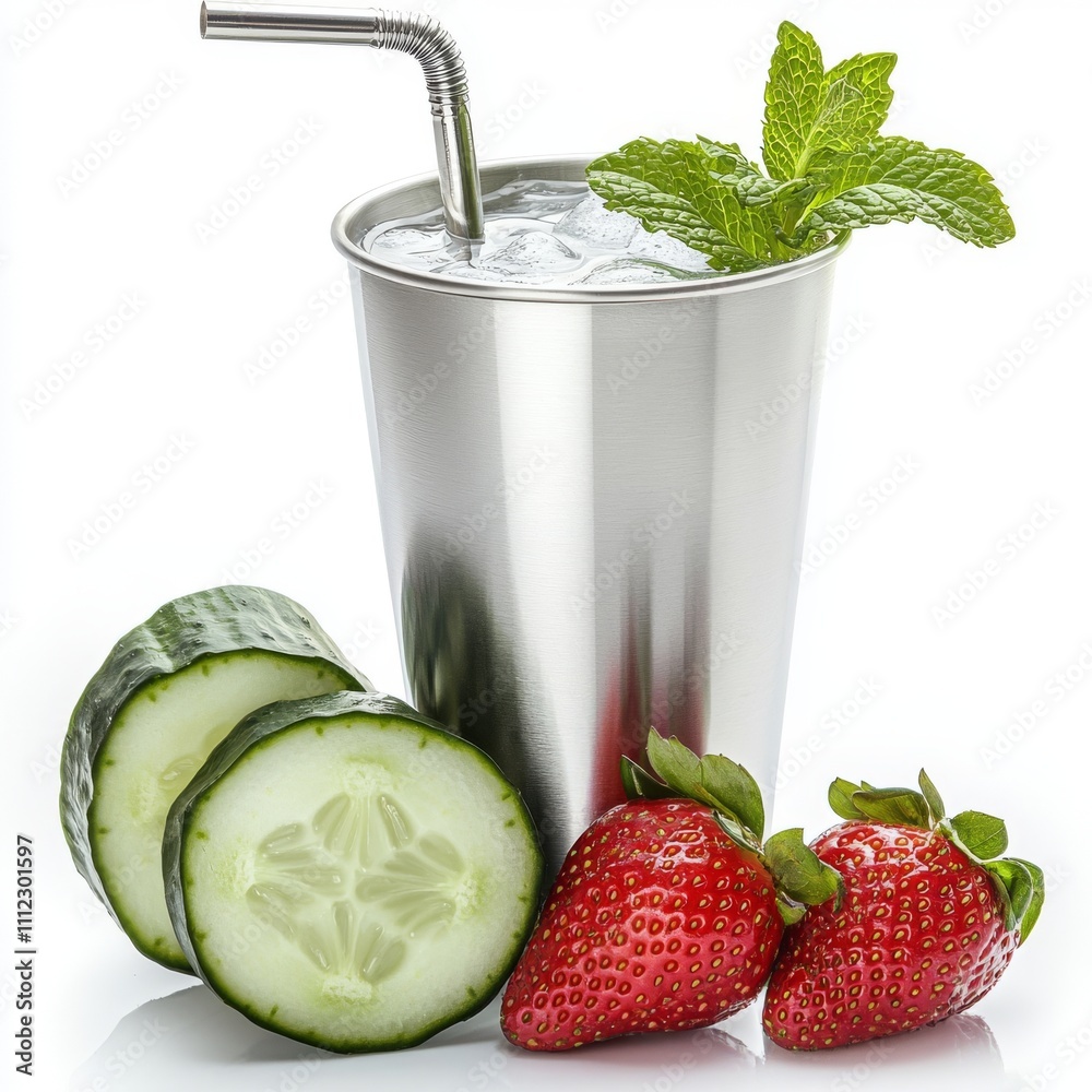 A stainless steel tumbler, complete with two straws, set against a vibrant fruit background.
