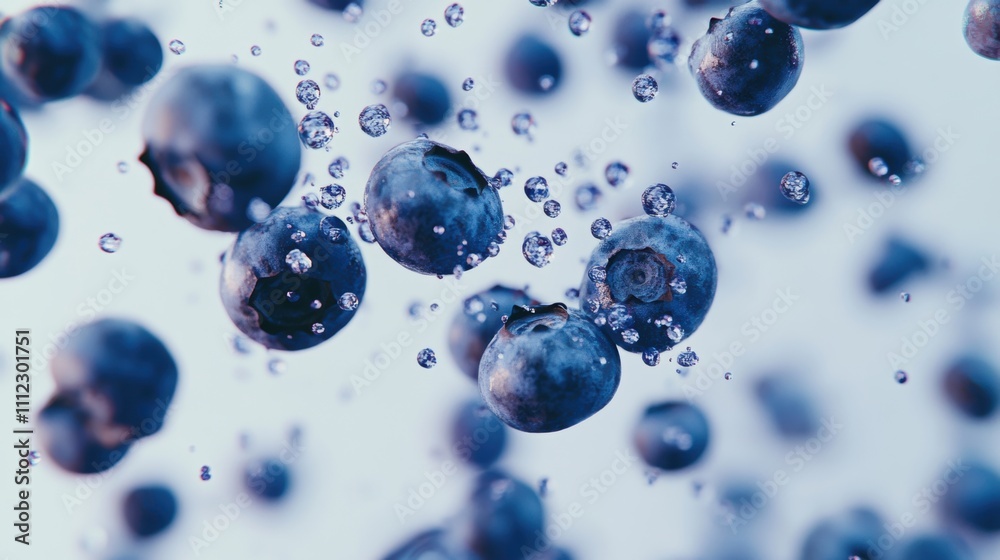 Fresh Blueberries Surrounding by Water Droplets Floating in Air, Abstract Nature Background Representing Delicious and Healthy Fruit for Culinary and Nutritional Purposes Fresh Blueberries Surrounding by Water Droplets Floating in Air, Abstract Nature Background Representing Delicious and Healthy Fruit for Culinary and Nutritional Purposes