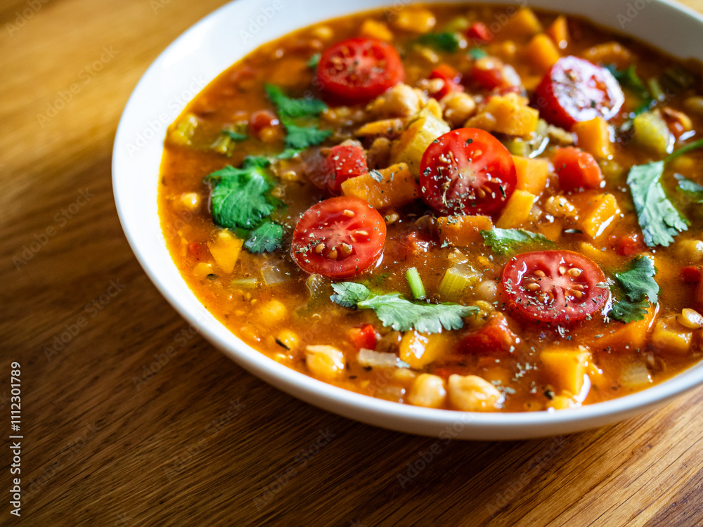 Fresh vegetable soup with lentil on wooden table Fresh vegetable soup with lentil on wooden table