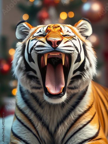 there is a tiger that is yawning with its mouth open. photo