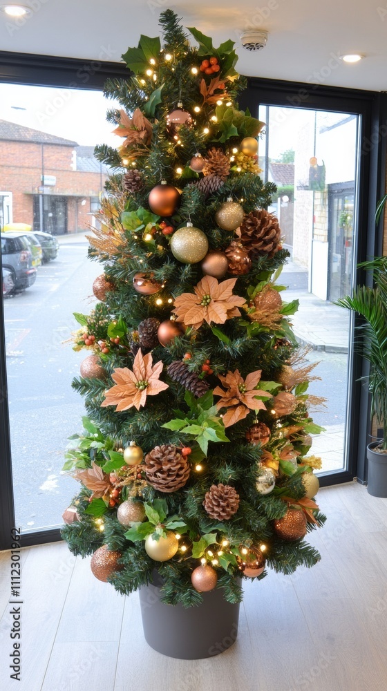 Naklejka premium Dark enchanted forest Christmas tree with glowing fairy lights mystical ornaments