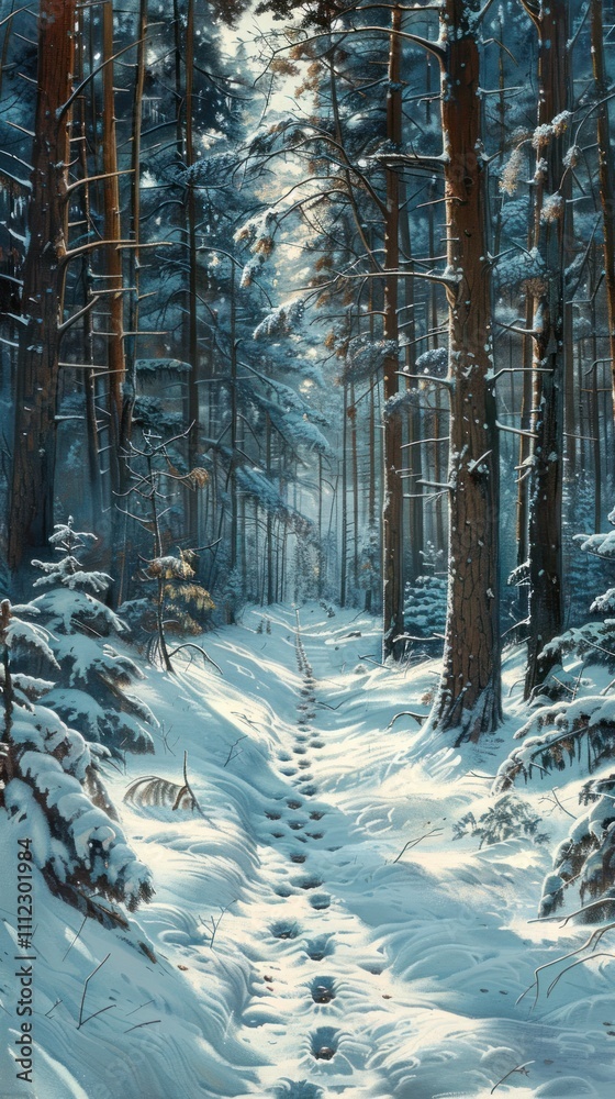 Enchanting snow covered pine forest path leading through a serene untouched winter wonderland Pristine picturesque landscape with a sense of peaceful solitude and adventure Enchanting snow covered pine forest path leading through a serene untouched winter wonderland Pristine picturesque landscape with a sense of peaceful solitude and adventure