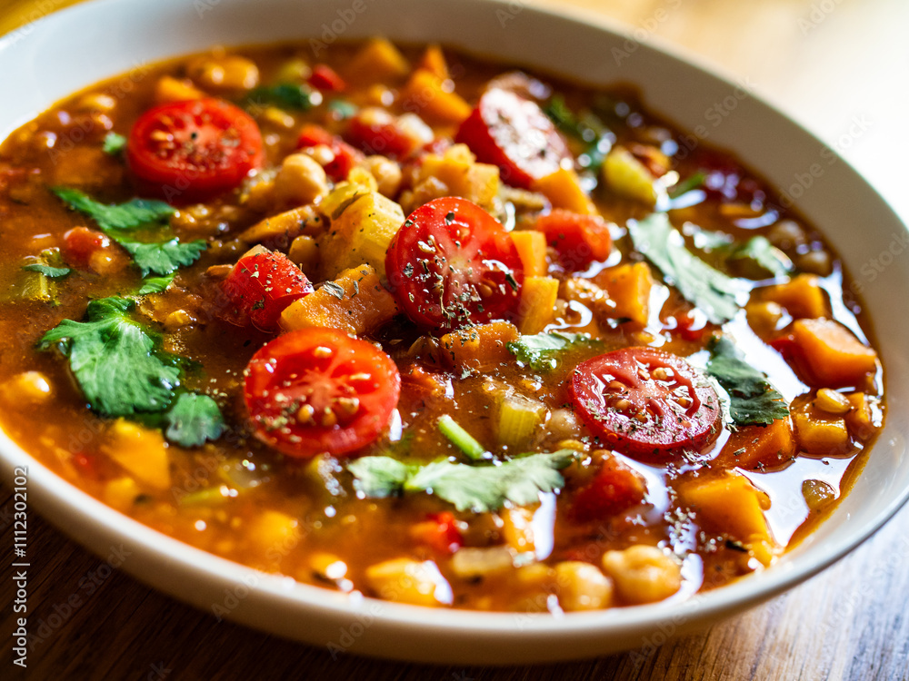 Fresh vegetable soup with lentil on wooden table Fresh vegetable soup with lentil on wooden table