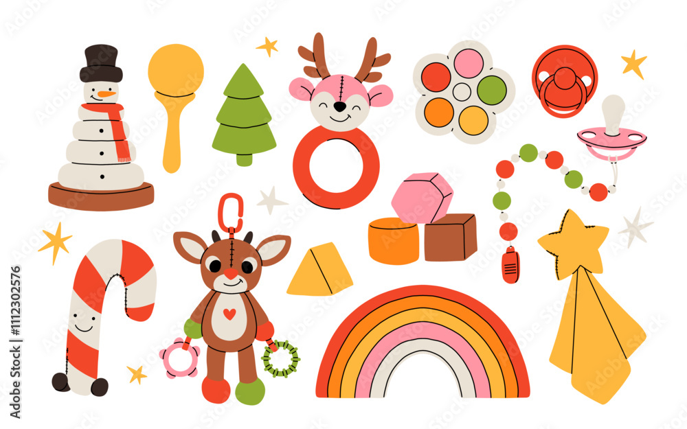 Obraz premium Set of christmas presents for a newborn baby or a toddler. Flat cartoon vector collection of winter toys and baby supplies, snowman pyramid, plush deer, cubes and pacifier.